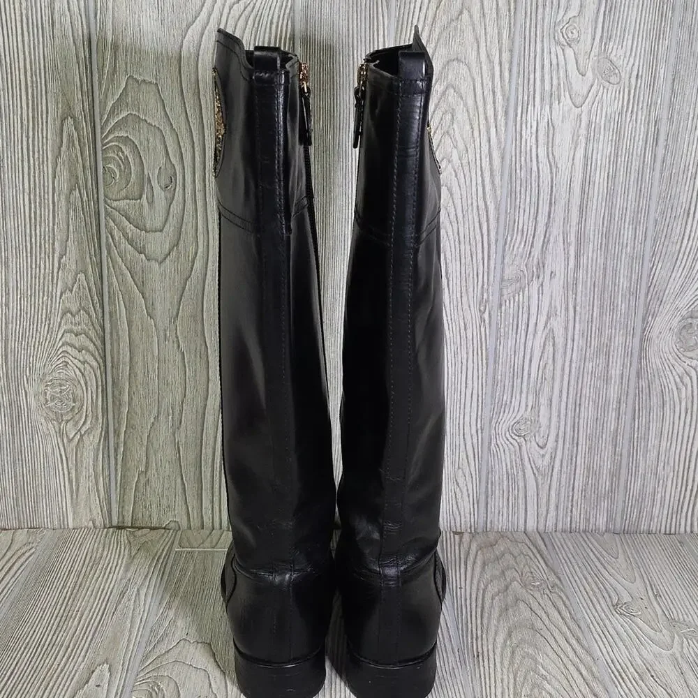 Tory Burch Kiernan Black Leather Riding Boots With Gold  Tone Logo Womens Size 8